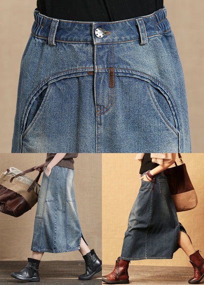 Dark Blue Patchwork Cotton Denim Skirt High Waist Side Open Cozy