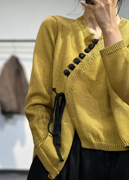 Chic Yellow Asymmetrical Design Lace Up Knit Sweater Tops Winter