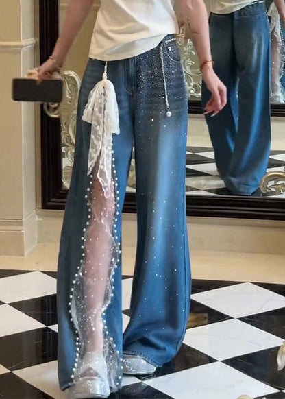 Chic Blue Pockets Zircon Lace Patchwork Denim Pants Fall