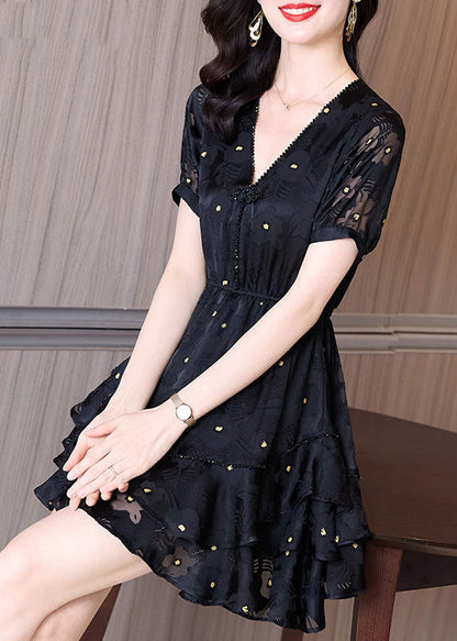 Fashion Black V Neck Cinched Patchwork Tulle Mid Dress Summer