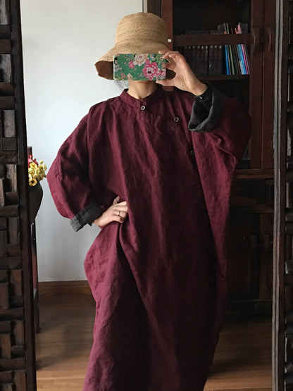Women Vintage 100%Linen Solid Embroidery Button Dress