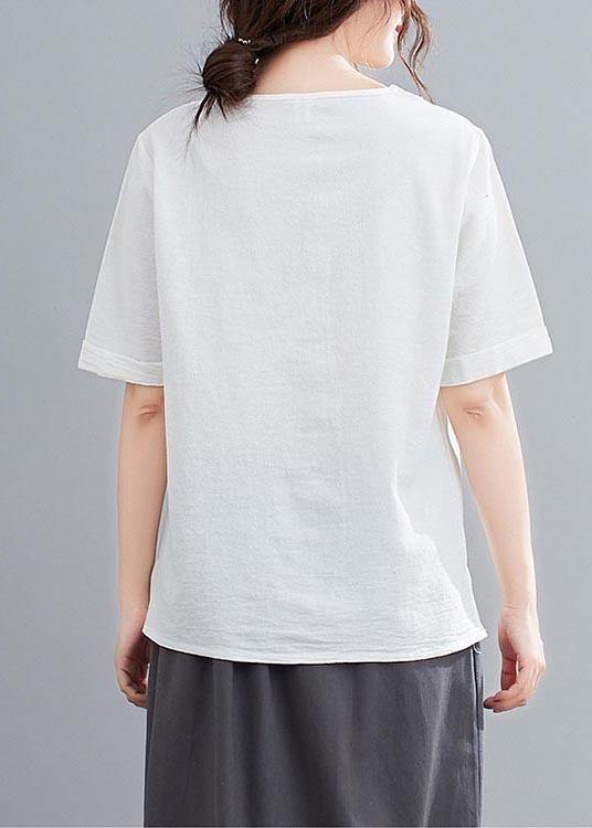 Casual White O-Neck Button Shirt Tops Summer Cotton Linen