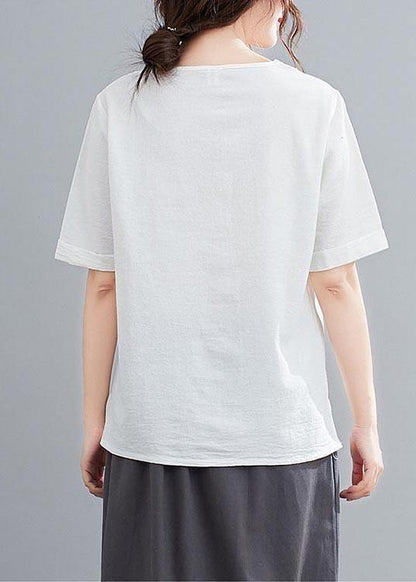 Casual White O-Neck Button Shirt Tops Summer Cotton Linen