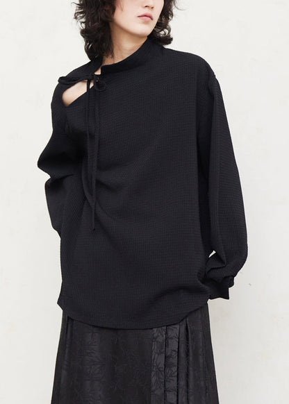 Casual Black Tie Lace Shirts Lantern Sleeve