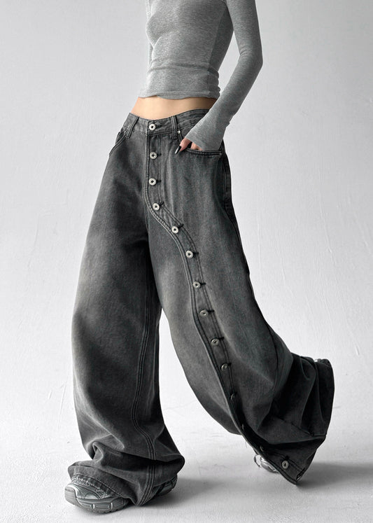 Fashion Grey Pockets Rivet Patchwork Denim Wide Leg Pants Fall