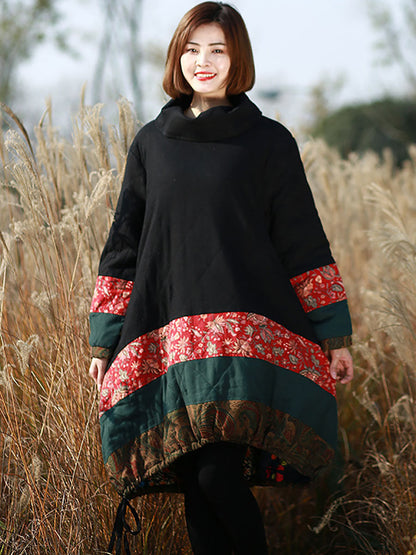 Women Winter Ethnic Patchwork Pocket Pullover Loose Coat