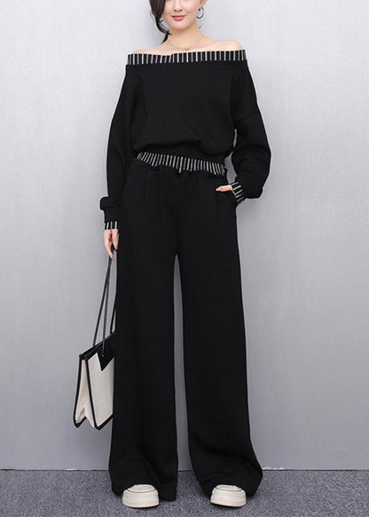 Black Slash Neck Top And Wide Leg Pants Two Pieces Set Fall