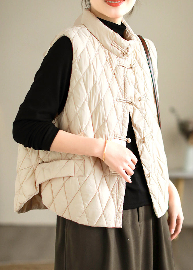 Beige Plaid Button Solid Fine Cotton Sleeveless Stand Collar