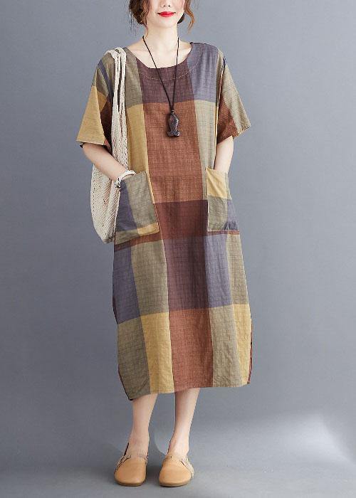 Plus Size Corron Linen Red O Neck Plaid Summer Maxi Dresses
