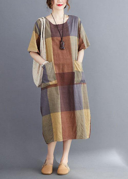 Plus Size Corron Linen Red O Neck Plaid Summer Maxi Dresses