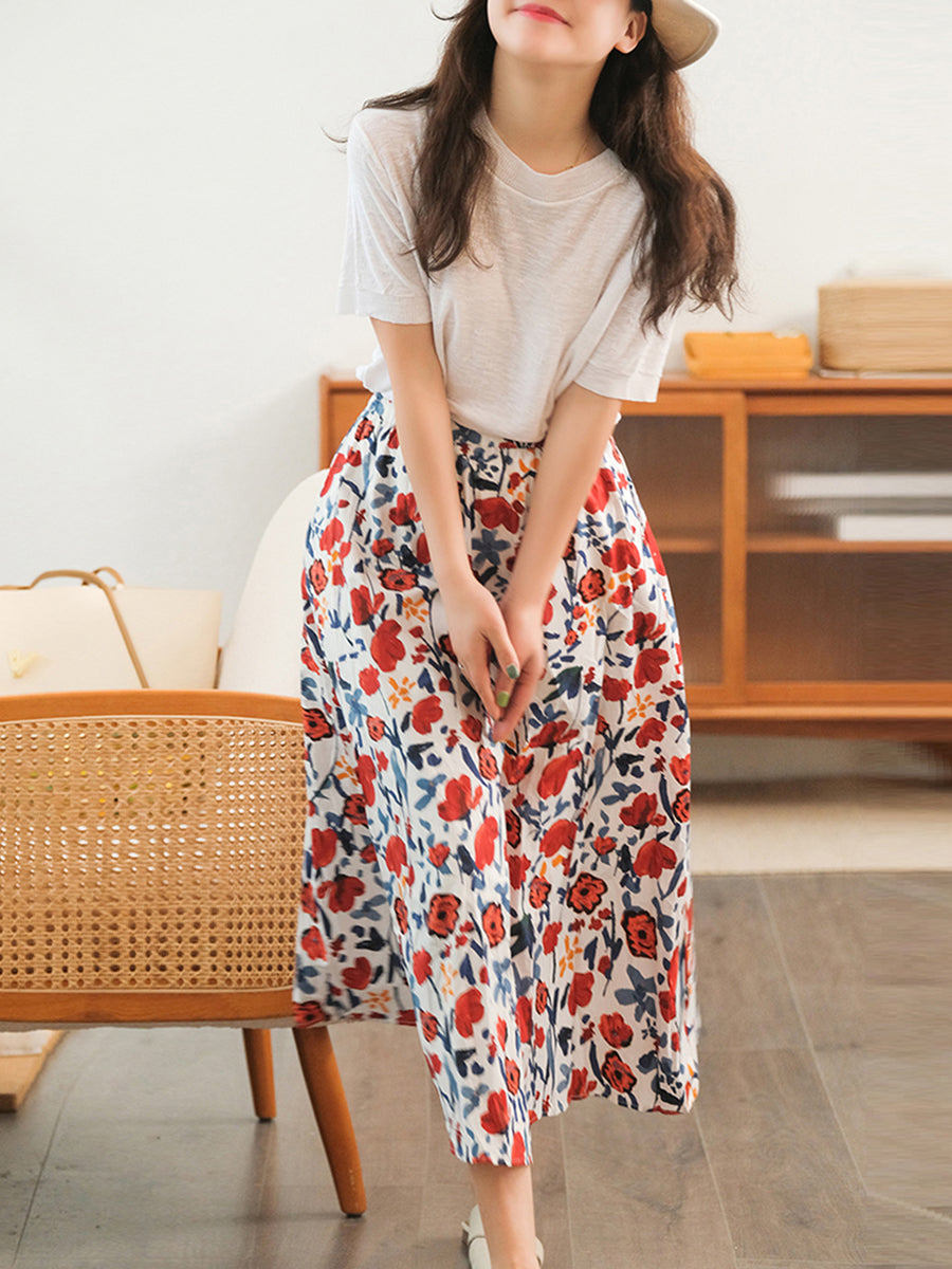 Floral Casual Elastic Waist Cotton Skirt