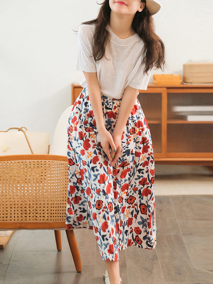 Floral Casual Elastic Waist Cotton Skirt