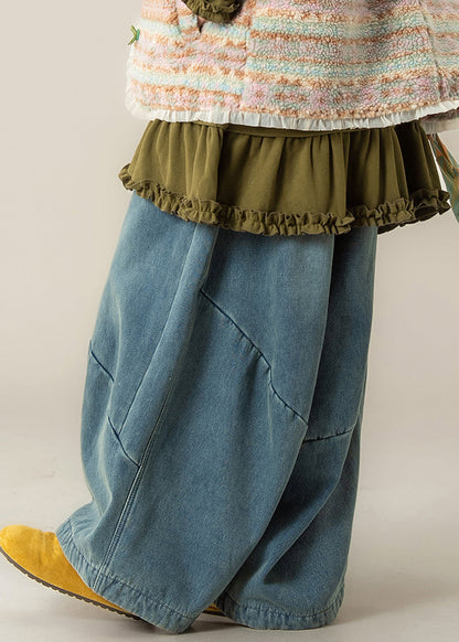 Casual Blue Pockets Denim Wide Leg Jeans