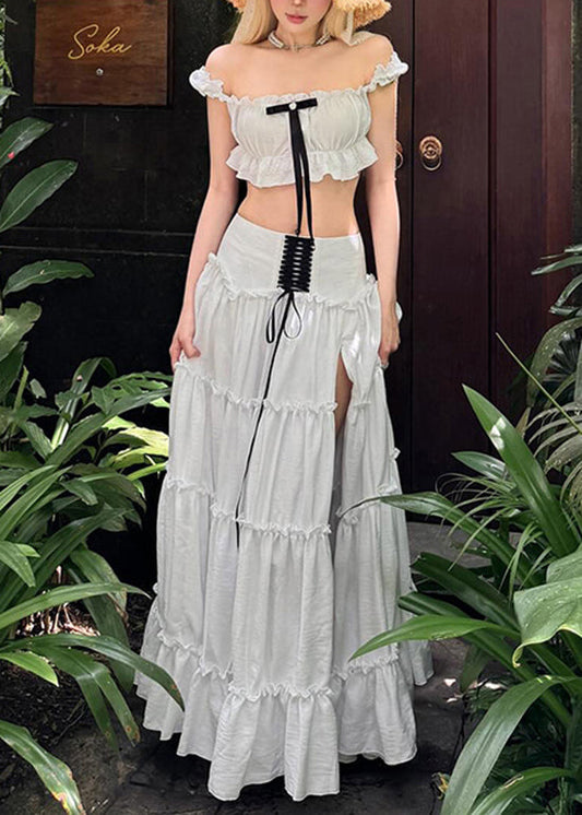 Stylish White Ruffled Patchwork Cotton Two Pieces Set Summer