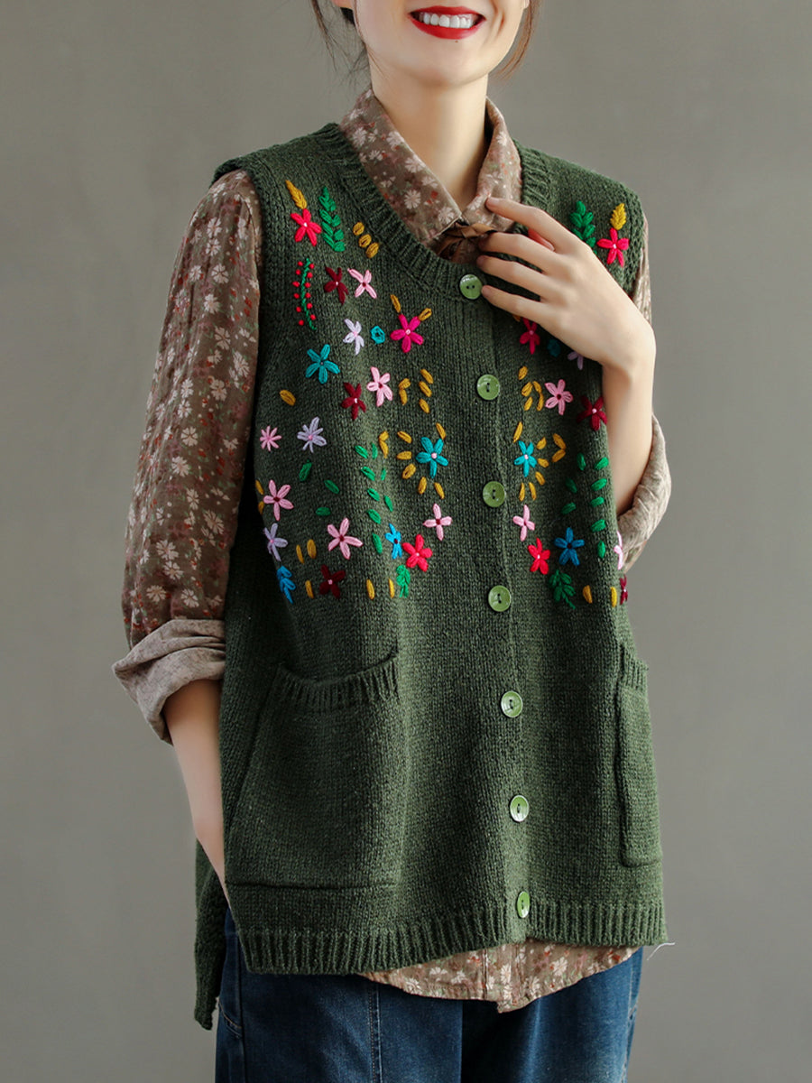 Women Embroidery Cotton Baggy Cardigan Vest