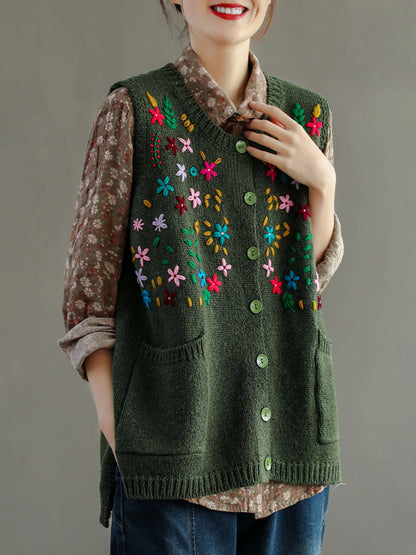 Women Embroidery Cotton Baggy Cardigan Vest