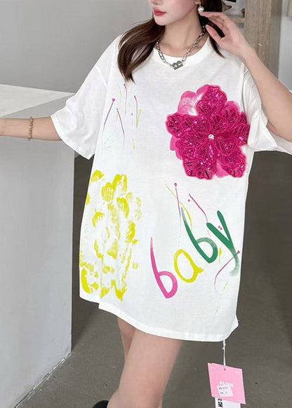 DIY White Oversized Floral Decorated Cotton Tank Tops Summer