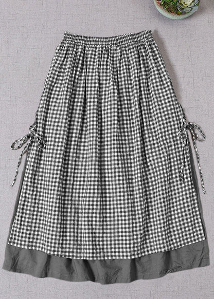 French Black Plaid side open tie Skirt Spring