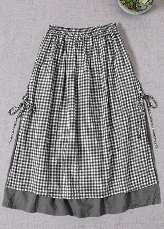 French Black Plaid side open tie Skirt Spring