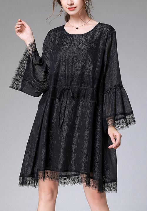 Casual Black Tie Waist Flare Sleeve Mini Summer Chiffon Dress