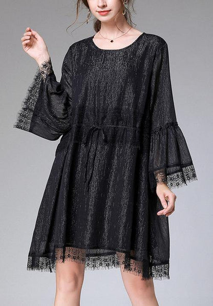 Casual Black Tie Waist Flare Sleeve Mini Summer Chiffon Dress