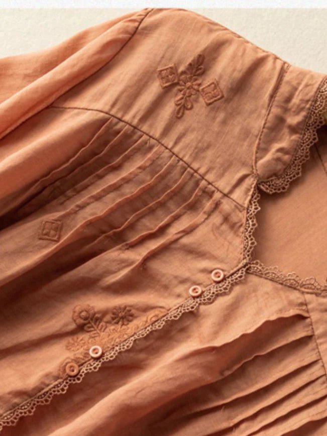 Embroidered V Neck 3/4 Sleeve Casual Linen Shirt Top
