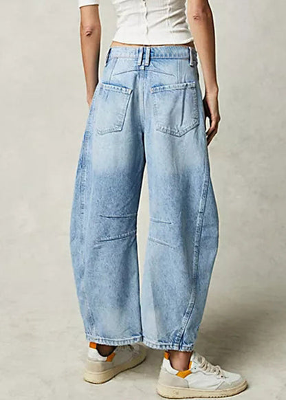 Modern Blue Pockets High Waist Denim Crop Pants Summer