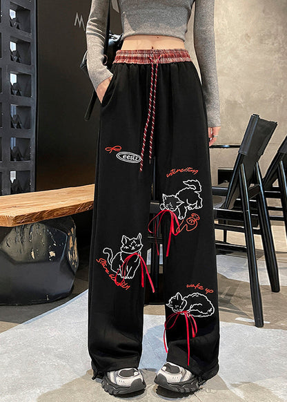 Casual Grey Pockets Print Elastic Waist Cotton Pants Fall