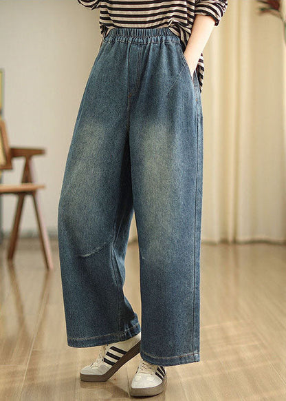 Casual Blue Pockets Elastic Waist Denim Wide Leg Pants Spring