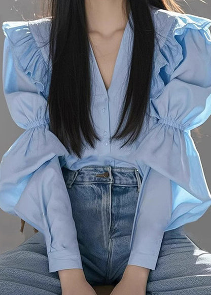 Italian Blue V Neck Wrinkled Cotton Blouse Fall