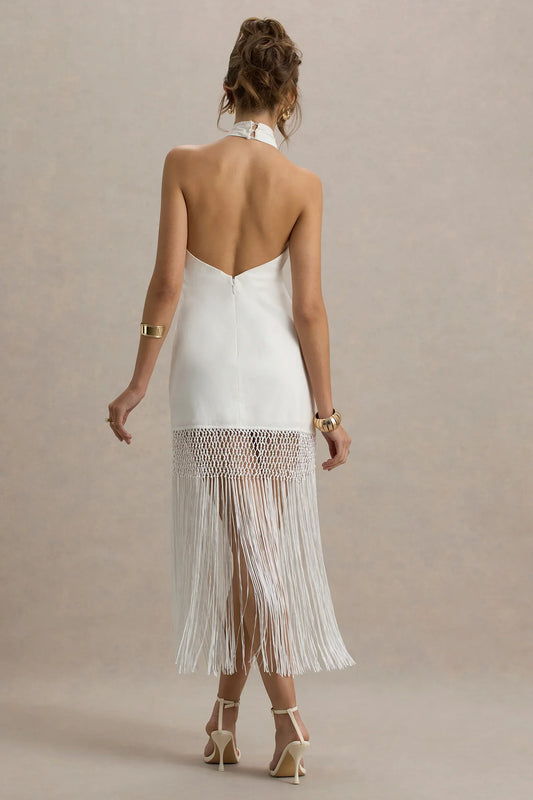Fiametta | Ecru Linen Halter-Neck Fringe Maxi Dress