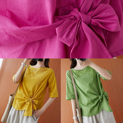 Natural green embroidery clothes o neck Bow tunic