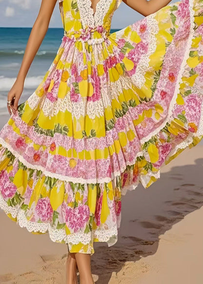 Bohemian Yellow Print Exra Large Hem Cotton Sundress Sleeveless