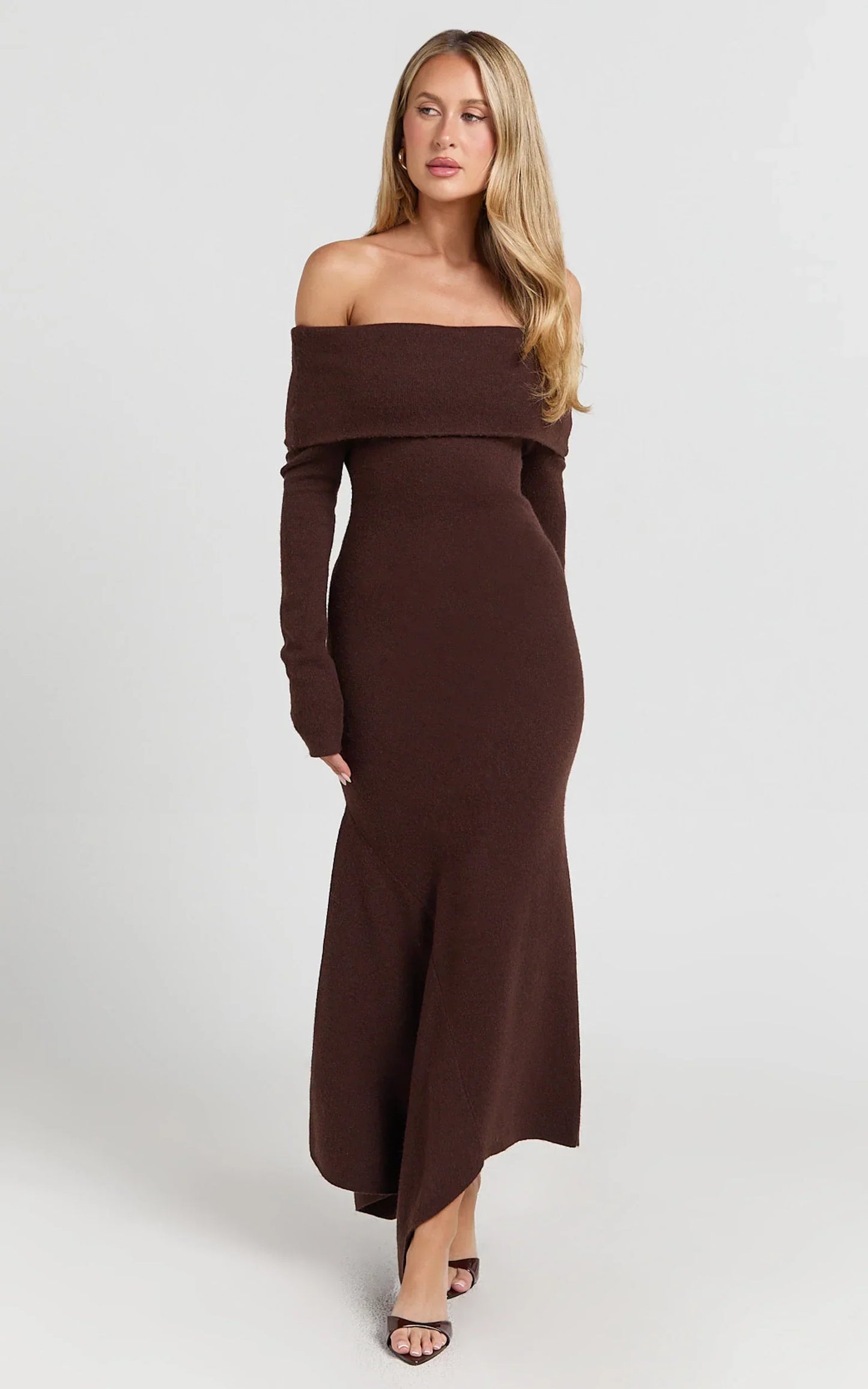 Karina Midi Dress - Long Sleeve Folded Off Shoulder Asymmetric Dress In Chocolate