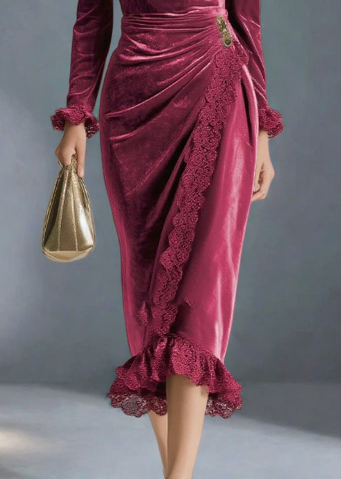 Women Mulberry V Neck Lace Patchwork Silk Velvet Party Dress Spring