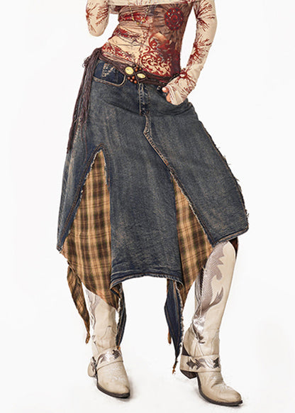 Vintage Blue Plaid Patchwork Denim Maxi Skirts