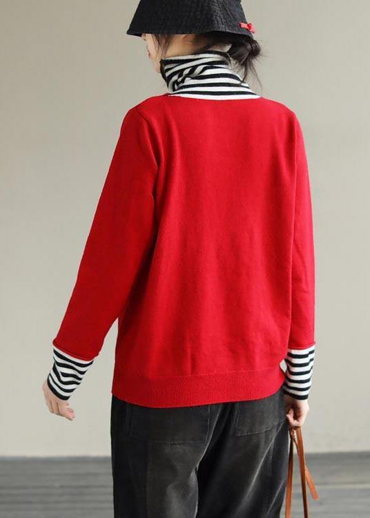 Cozy  Red Sweaters Plus Size Patchwork High Neck Blouse
