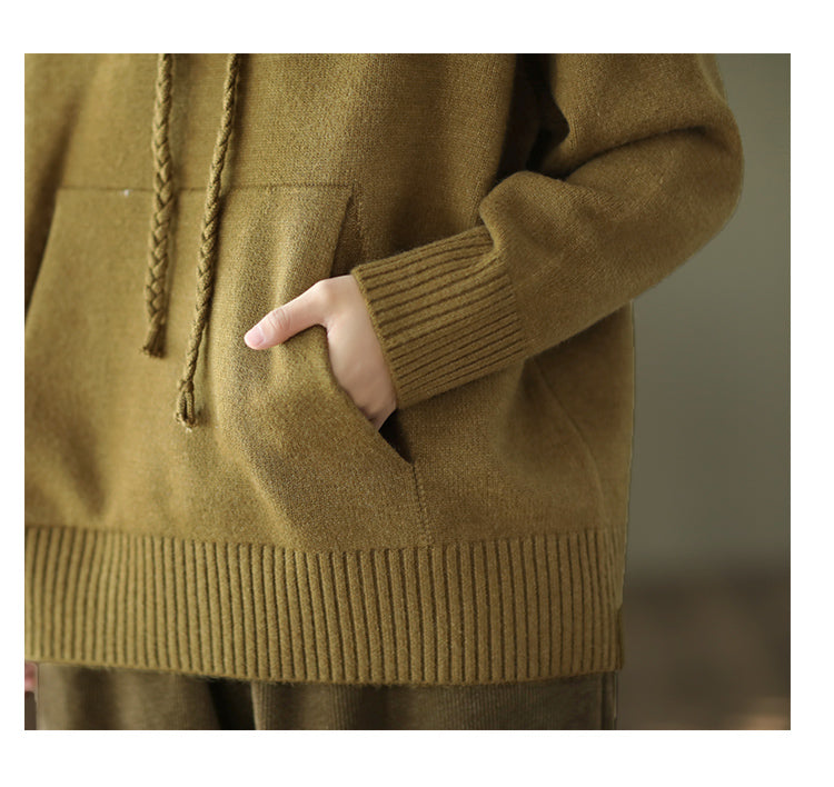 Thick Twist Drawstring Hooded Knit Sweater