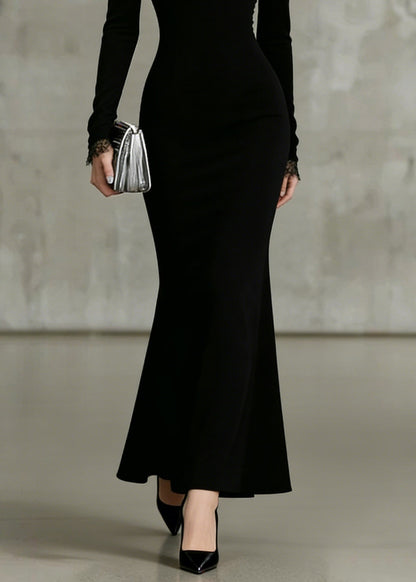Fine Black V Neck Lace Solid Patchwork Fish Tail Dresses Spring