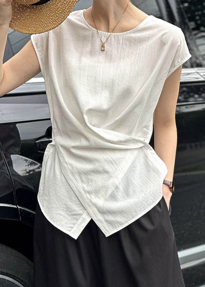 Natural White O-Neck Wrinkled Top Summer