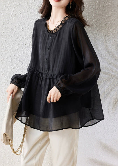Fine Black Ruffled Button Oversized Silk Cotton Shirt Fall