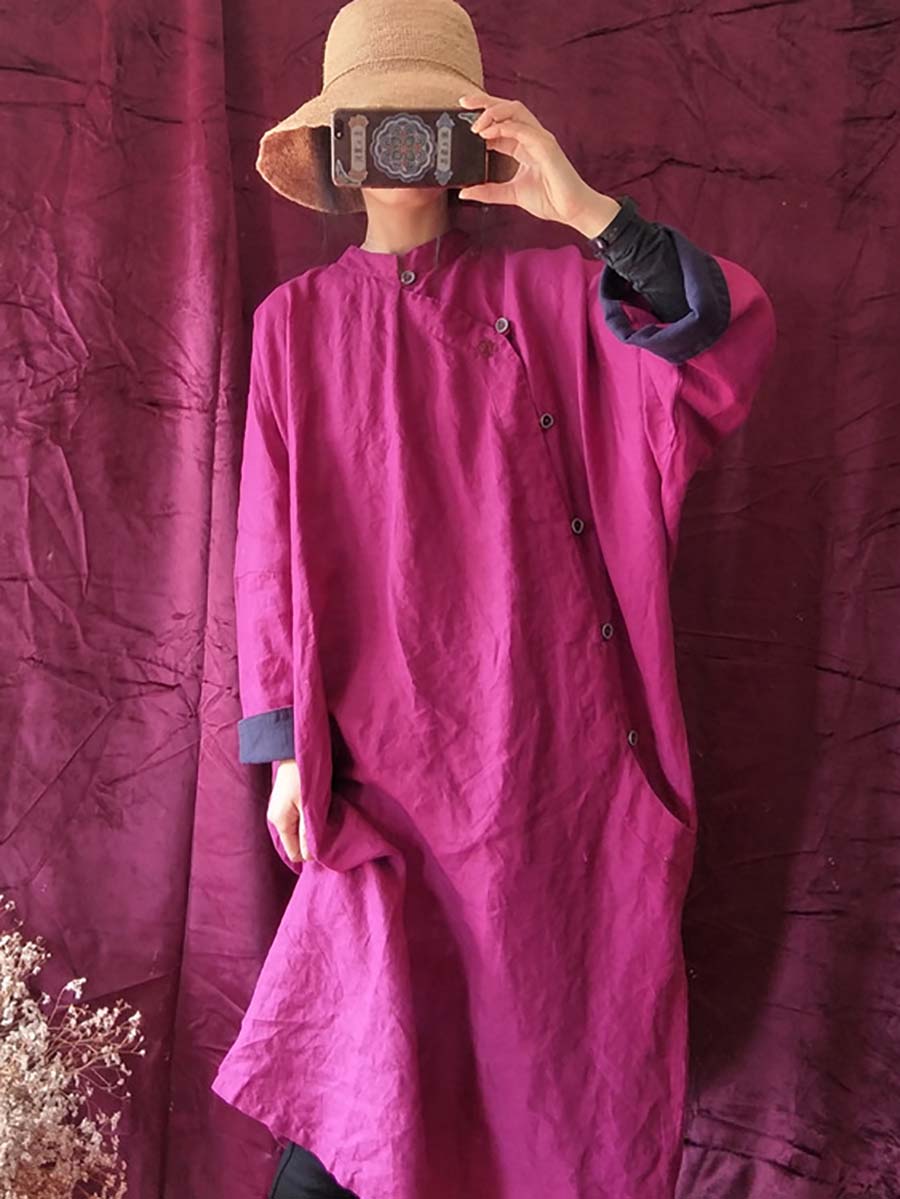 Vintage Solid Embroidery Linen Breasted Loose Dress