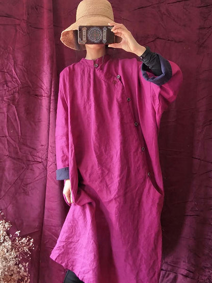 Vintage Solid Embroidery Linen Breasted Loose Dress