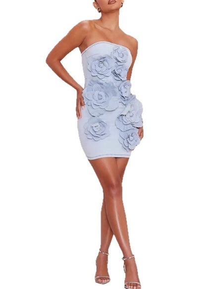 Floral Blue Strapless Zippered Denim Mini Dress Sleeveless