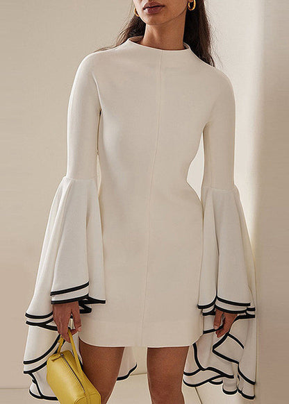 Original Design White Stand Collar Patchwork Vacation Mid Dresses Petal Sleeve