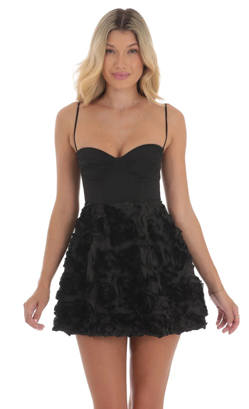 Textured Rose A-line Dress in Black