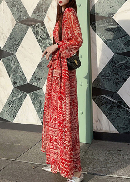Bohemian Red Print Tie Waist Vacation Long Dresses Spring