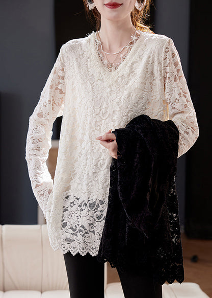 Unique White V Neck Lace Warm Fleece Blouse Tops Spring