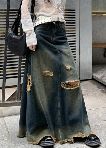 Chic Denim Blue Hole High Waist Skirts Fall