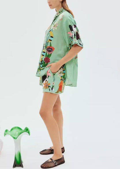 Bohemian Green Print Elastic Waist Shirts And Shorts Linen Two Piece Set Summer
